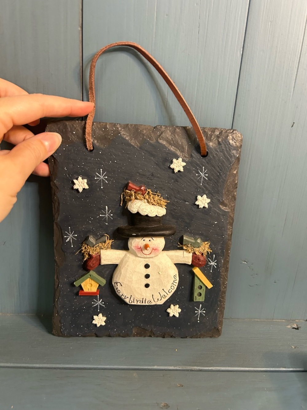 Holiday Snowman Welcome Square Wall Plaque - White, Black, Red - Birds 6x9”